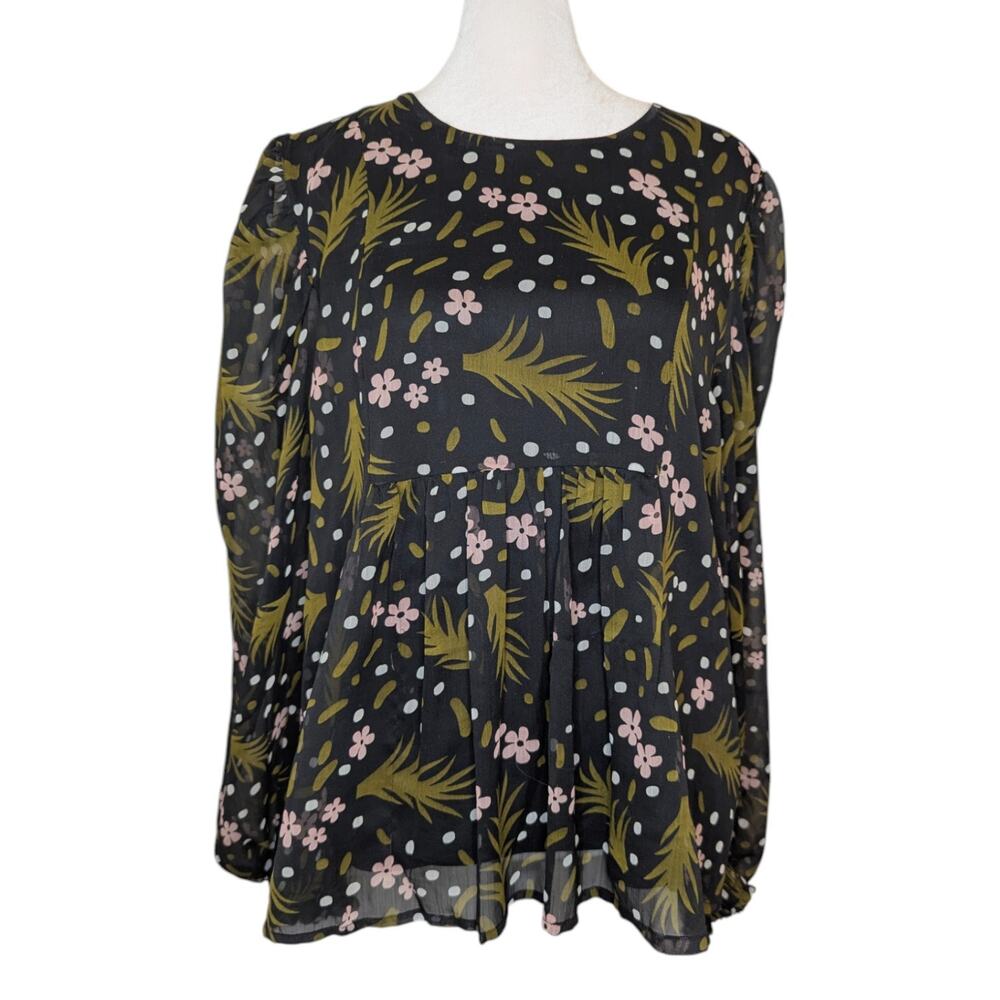 Vero Moda Floral Leaf Sheer Balloon Sleeve Keyhole Blouse Large
